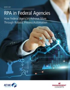 A person writing a complex automation on a screen behind the title "RPA in Federal Agencies."