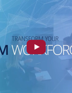 Multiple professionals sitting at a table faded in a blue background with the title, "Transform Your M Workforce" in front.