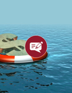 A lifebuoy floating in the water with a large dollar sign sitting inside of it.