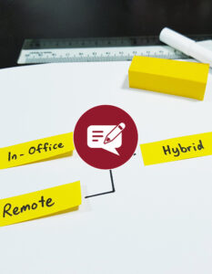 A bracket drawn on a paper connecting the two phrases "In-Office" and "Remote" to the word "Hybrid".