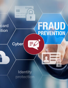 A honeycomb outlined screen with a person standing behind it pointing to the hexagon that says fraud prevention.
