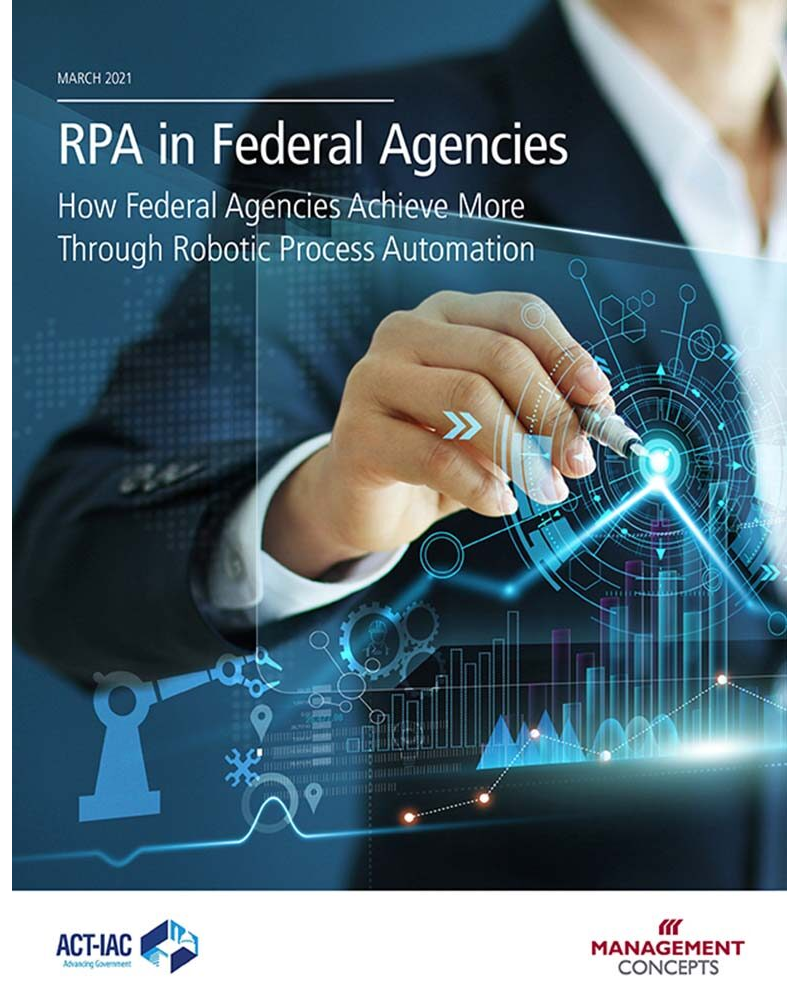 A person writing a complex automation on a screen behind the title "RPA in Federal Agencies."